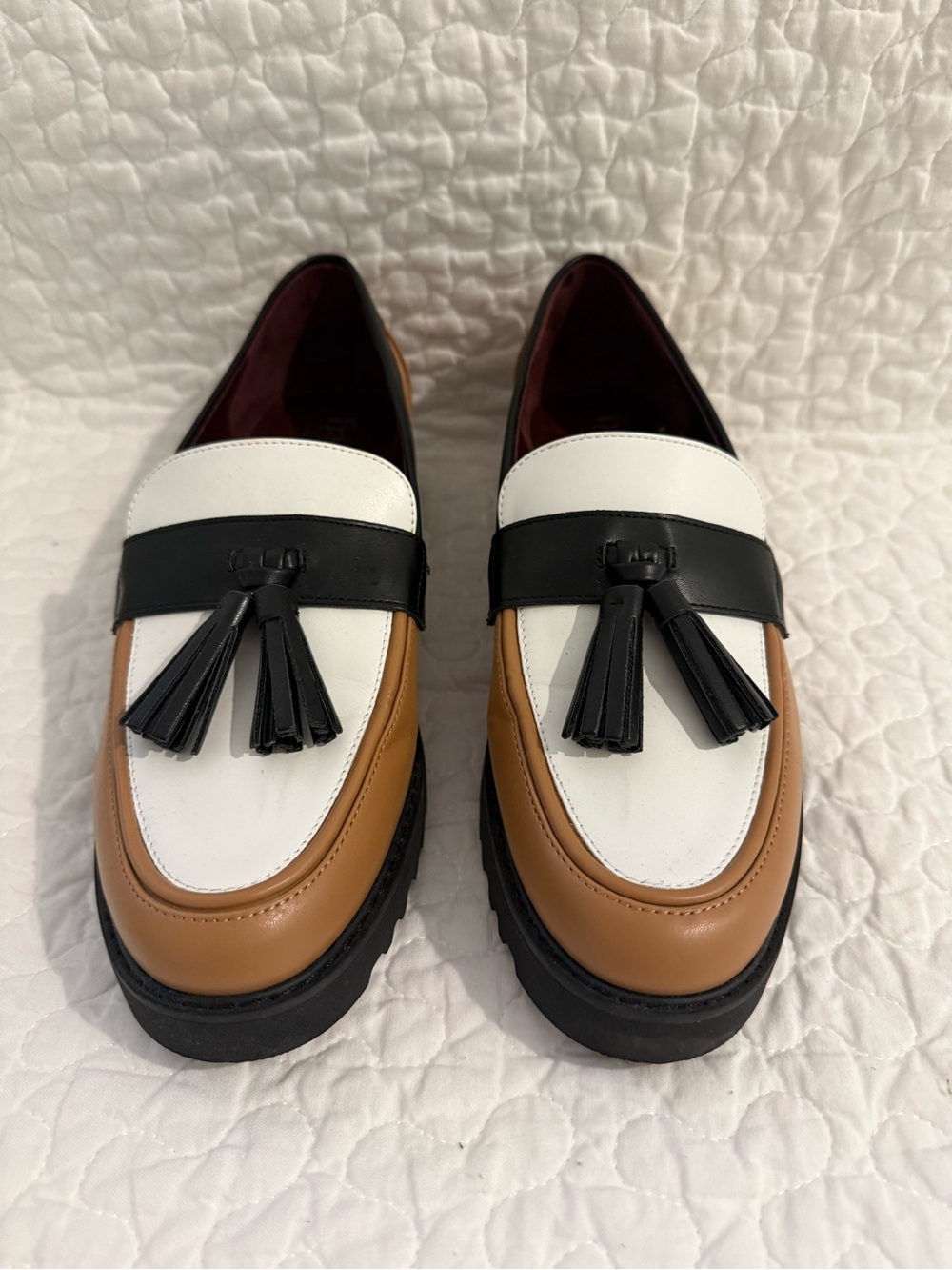 Franco Sarto Women's Two-Tone Tassel Loafers in White, Black & Tan